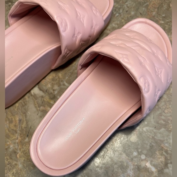 LOUIS VUITTON | Lambskin Embossed Monogram Jumbo Flatform Mule Sandals - Picture 3 of 8